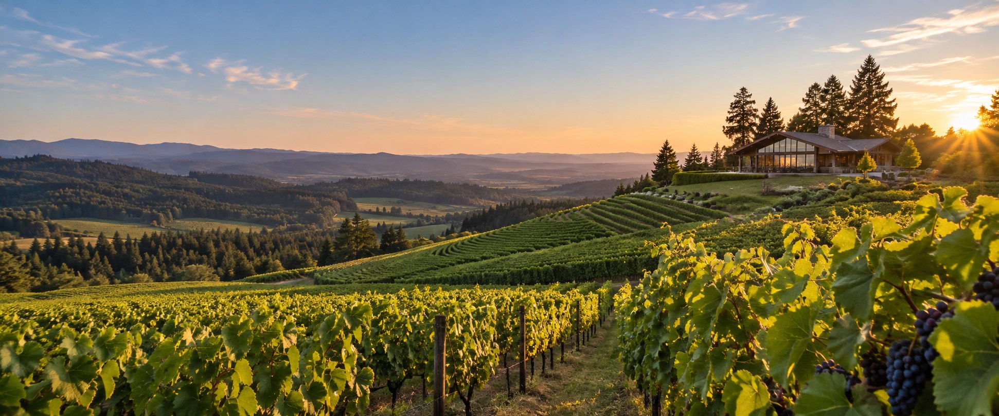 Willamette Valley vineyard at sunset, grape clusters in the foreground, tasting lodge on the ridge above the vine rows.