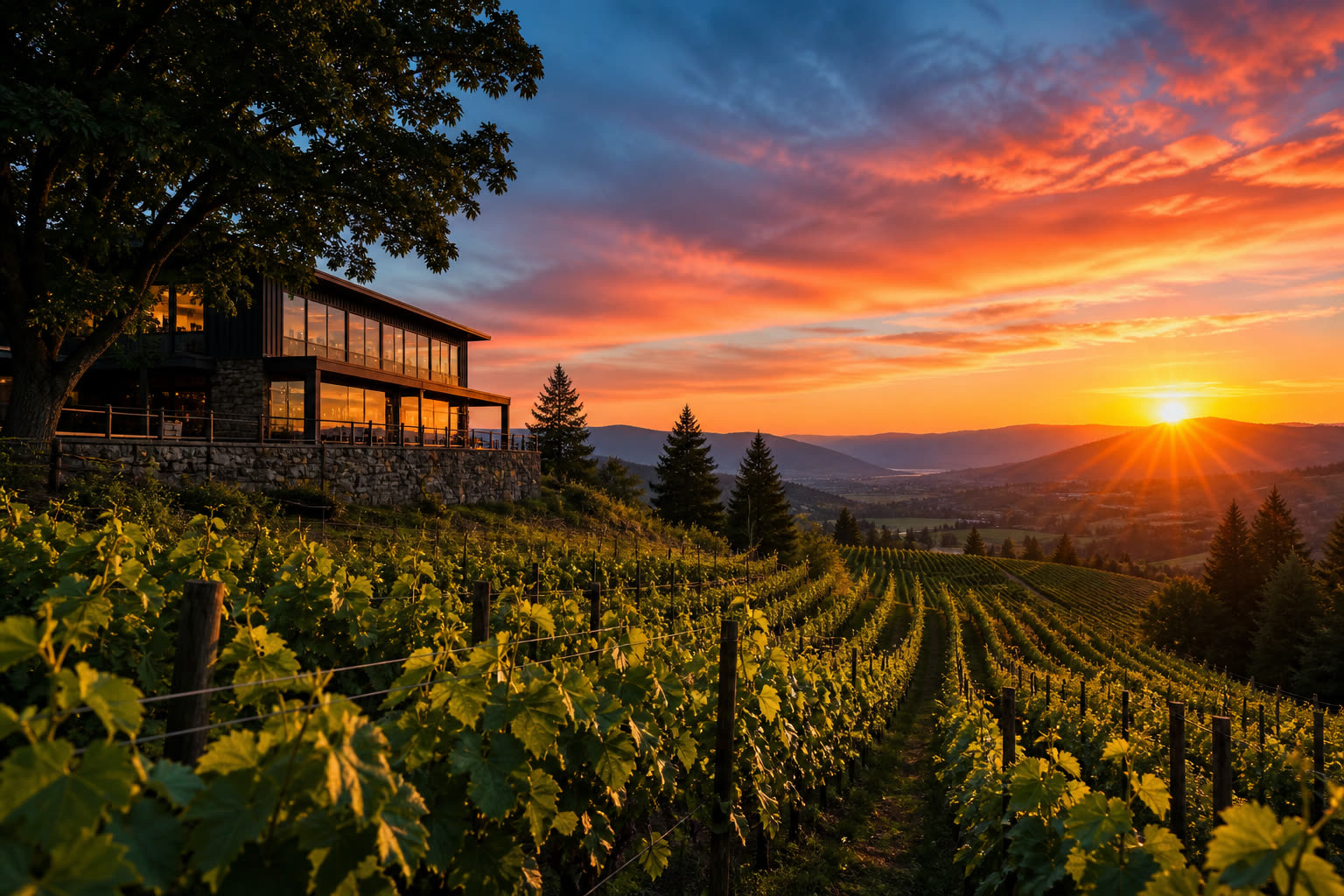 Willamette Valley vineyard at sunset, tasting room on a stone patio, vine rows rolling toward the hills.